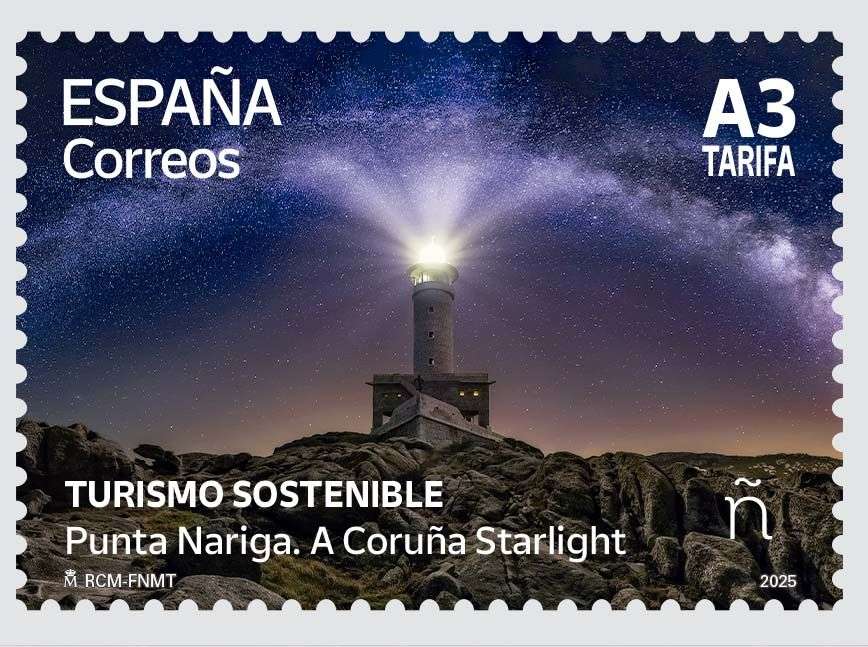 Sello De Correos Con Faro De Punta Nariga Cielo Estrellado